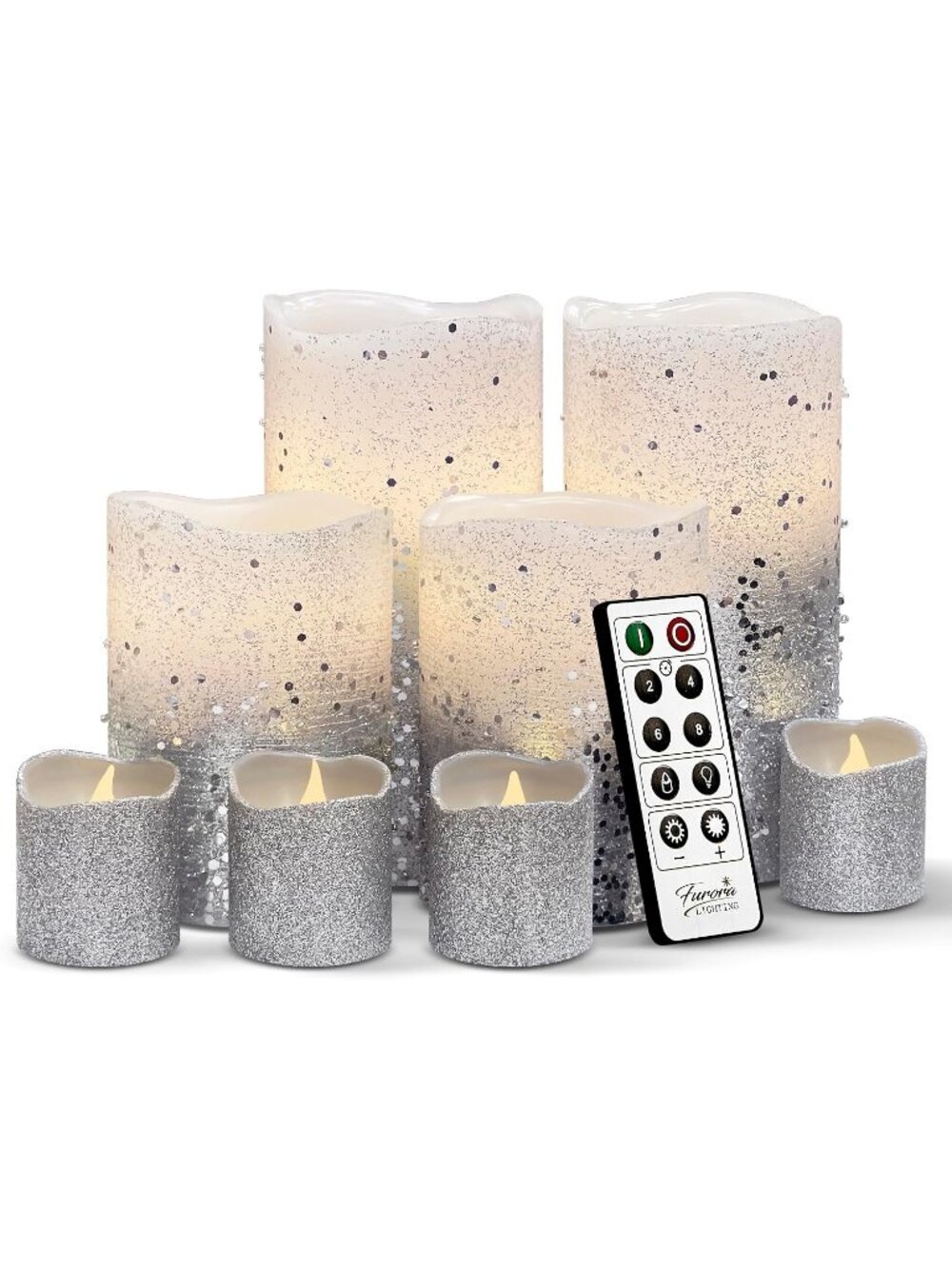 New Silver Glitter LED Candles, 8-Pack Set with Remote & Timer